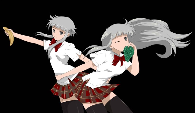 Two Anime Girls — White, Playful, School Uniform, Banana