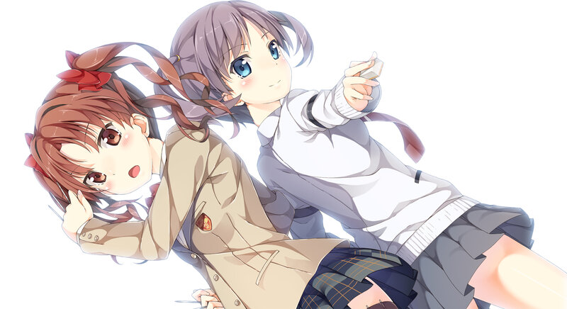 Two Anime Girls — White, Playful, School Uniforms, Bows