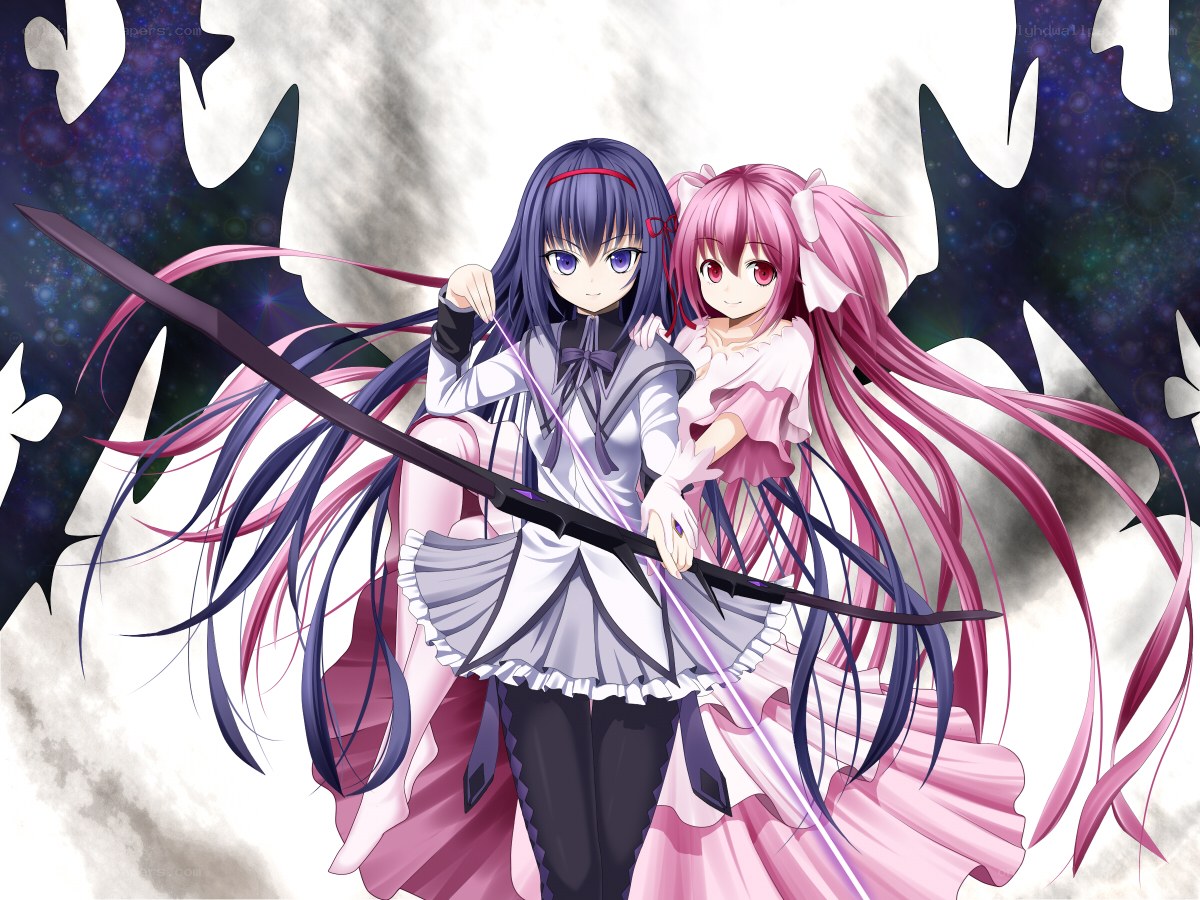 Two anime girls with a bow