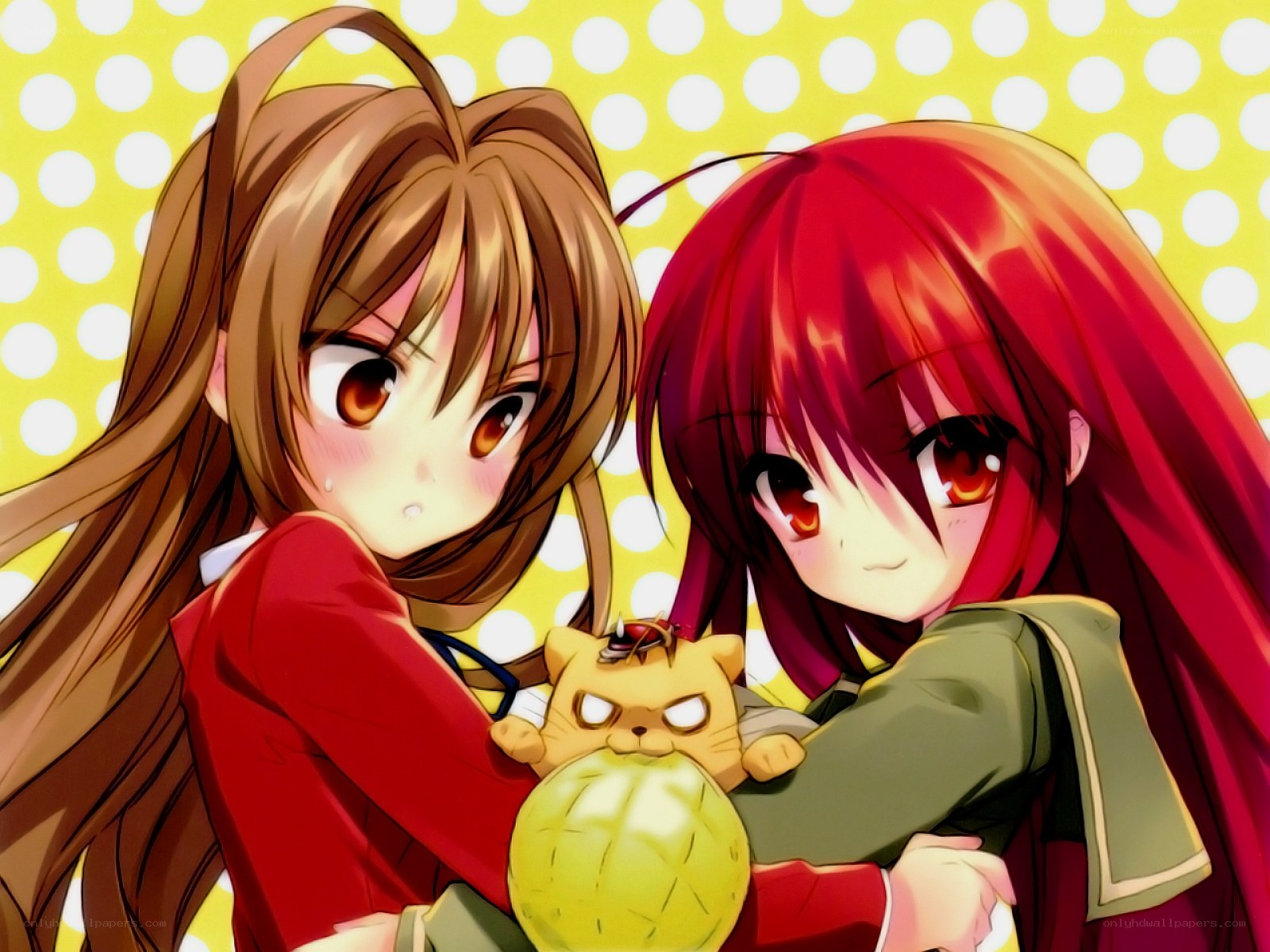 Two anime girls with a cat