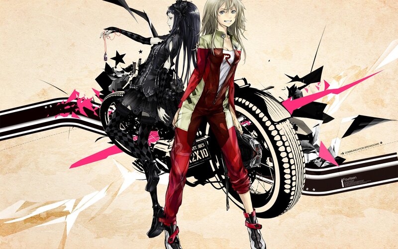 Two anime girls with a motorcycle