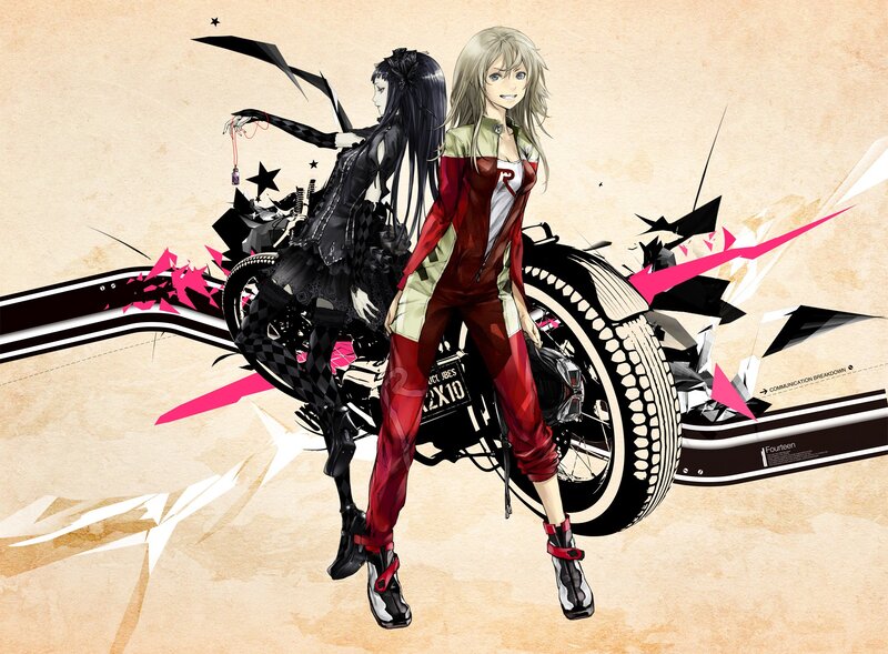Two anime girls with a motorcycle