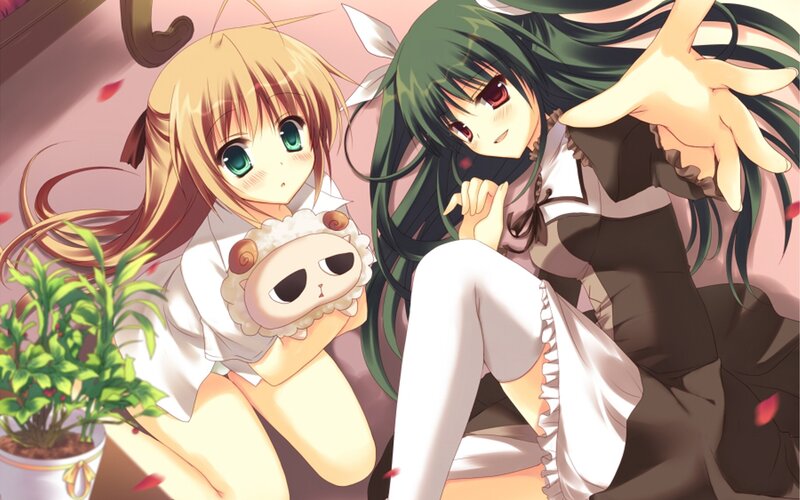 Two anime girls with a plush toy