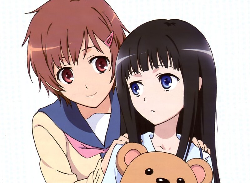 Two anime girls with a teddy bear