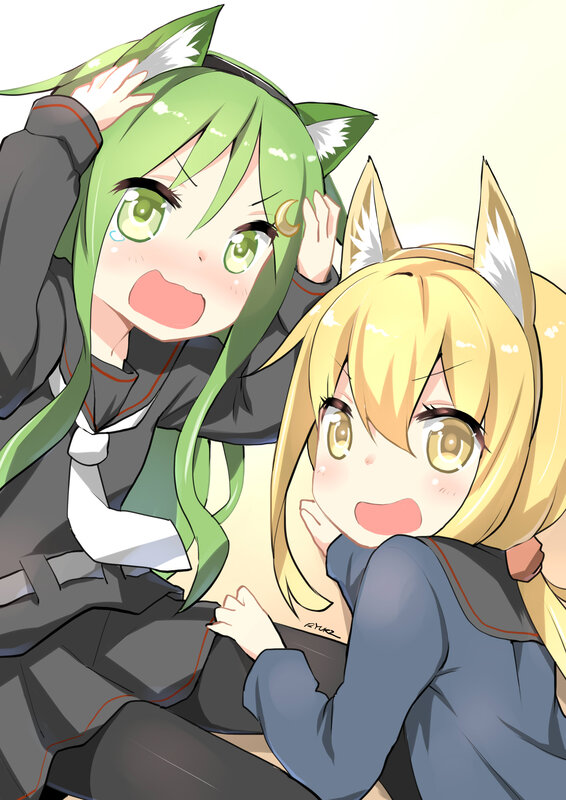Two Anime Girls with Animal Ears — Green, Playful