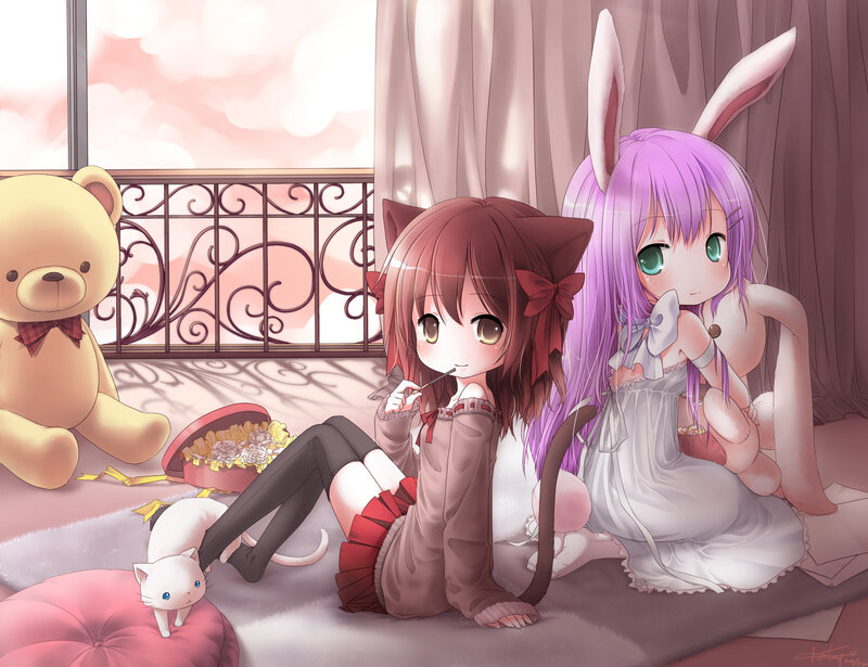 Two Anime Girls with Animal Ears — Pink