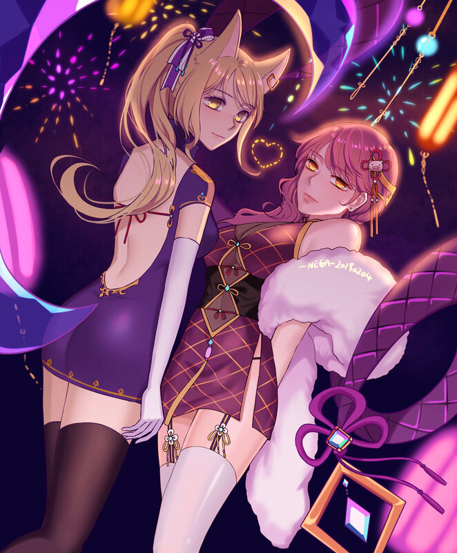 Two Anime Girls with Animal Ears — Purple, Festive