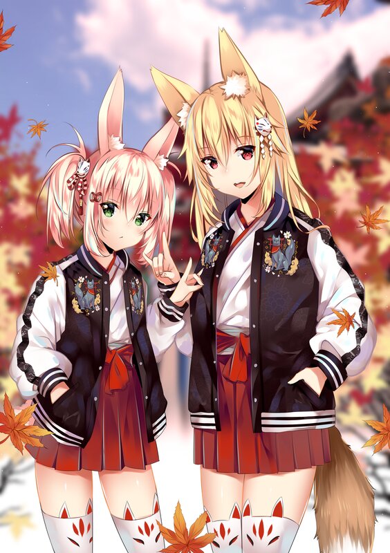 Two Anime Girls with Animal Ears — Red