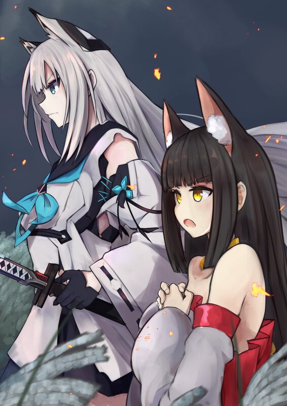 Two Anime Girls with Animal Ears — White, Dramatic