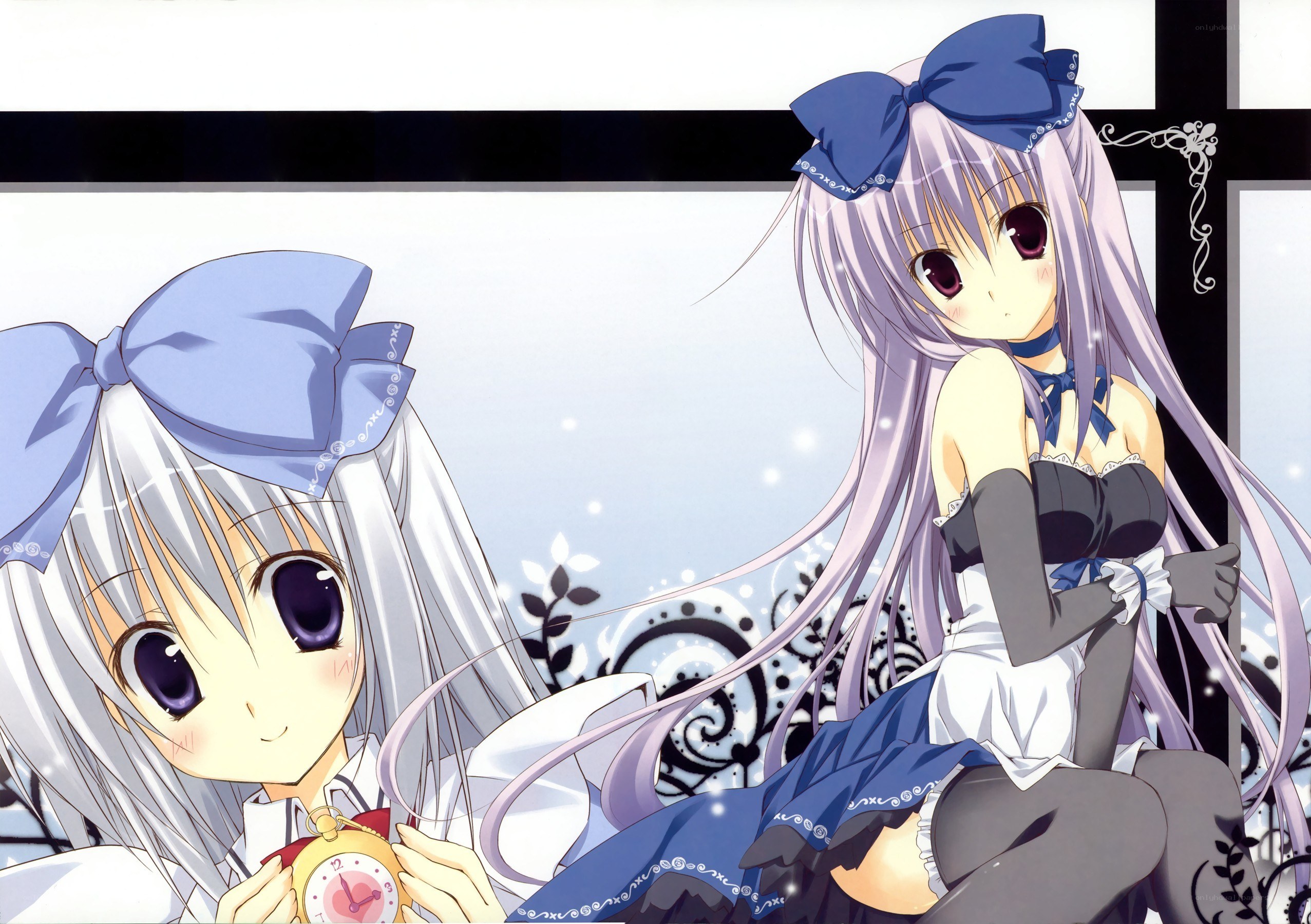 Two anime girls with blue bows