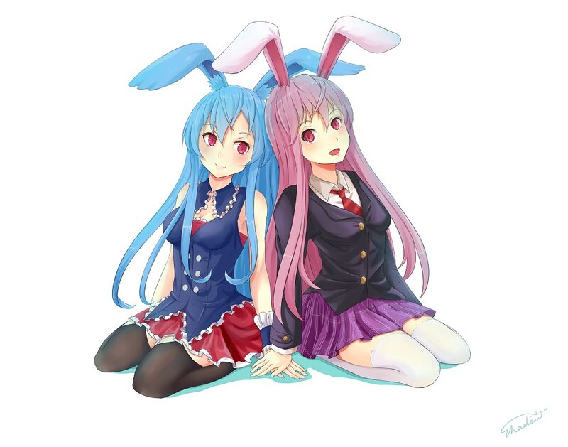 Two Anime Girls with Bunny Ears — Blue, Playful