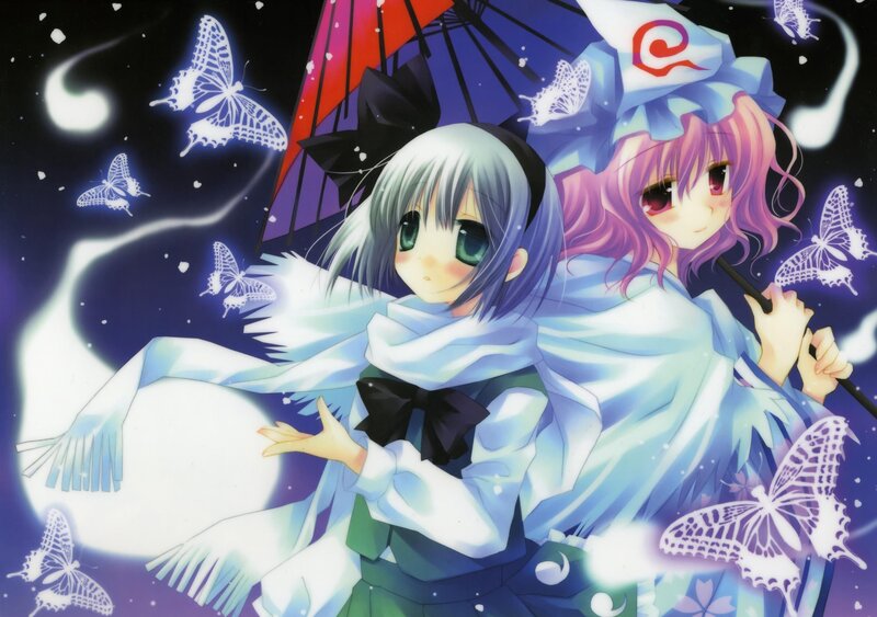 Two Anime Girls with Butterflies — Blue, Dreamy, Night, Umbrella