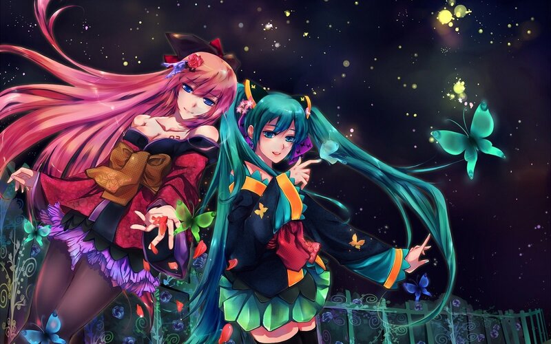 Two Anime Girls with Butterflies — Green, Dreamy