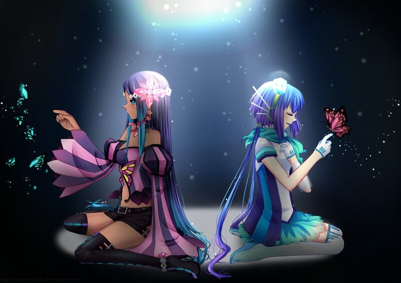 Two Anime Girls with Butterflies — Purple, Serene