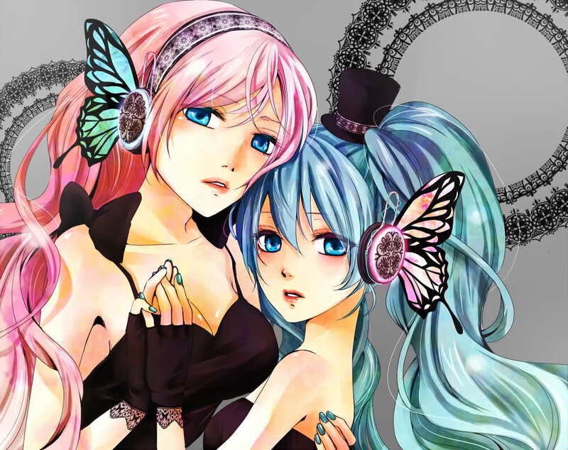 Two anime girls with butterfly headphones