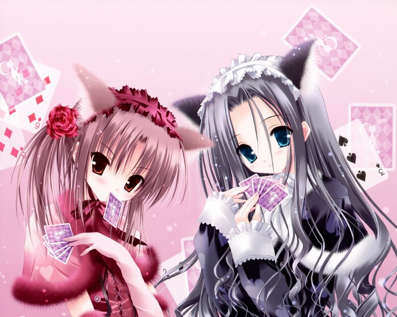 Two Anime Girls with Cards — Pink