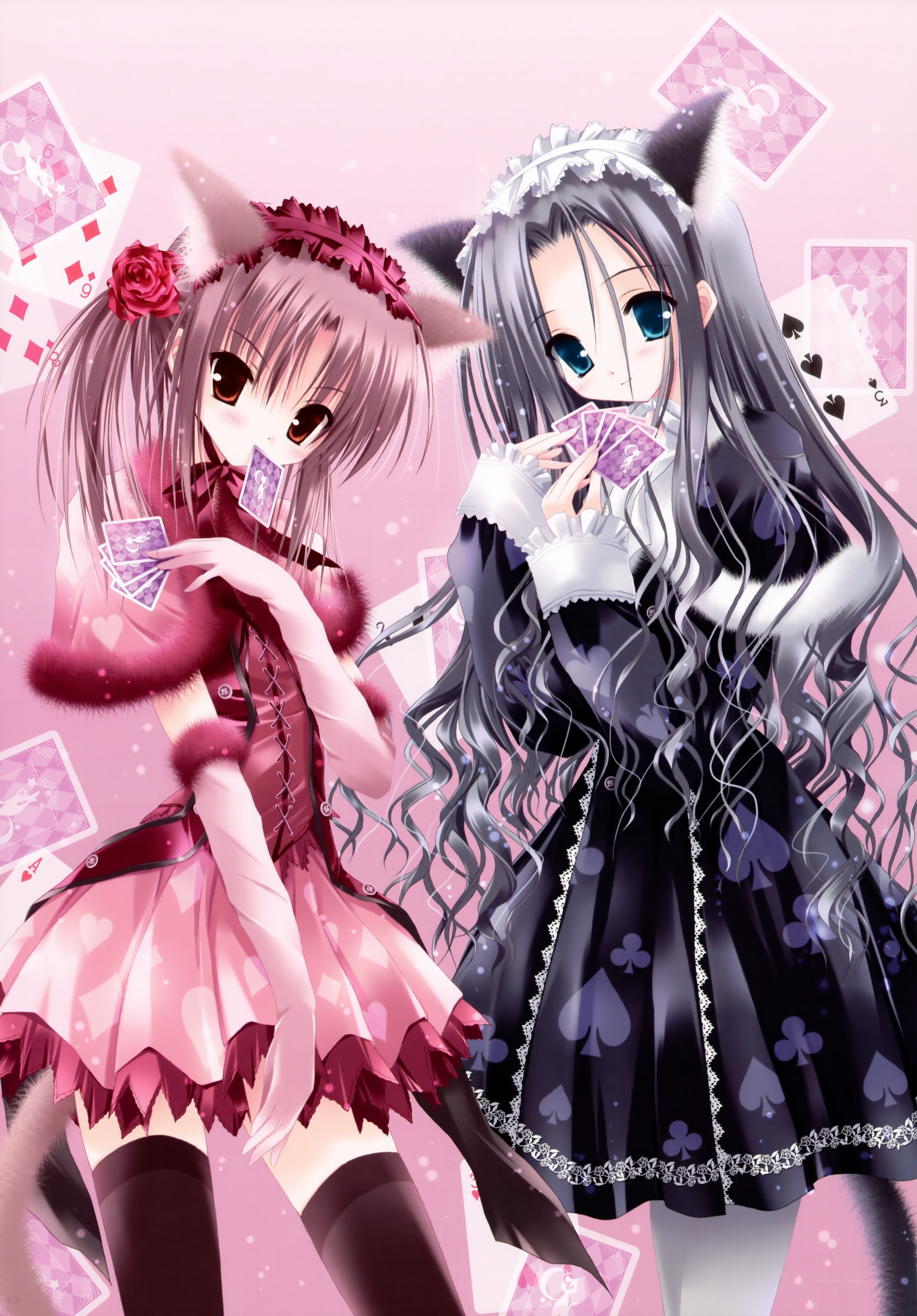 two anime girls with cards