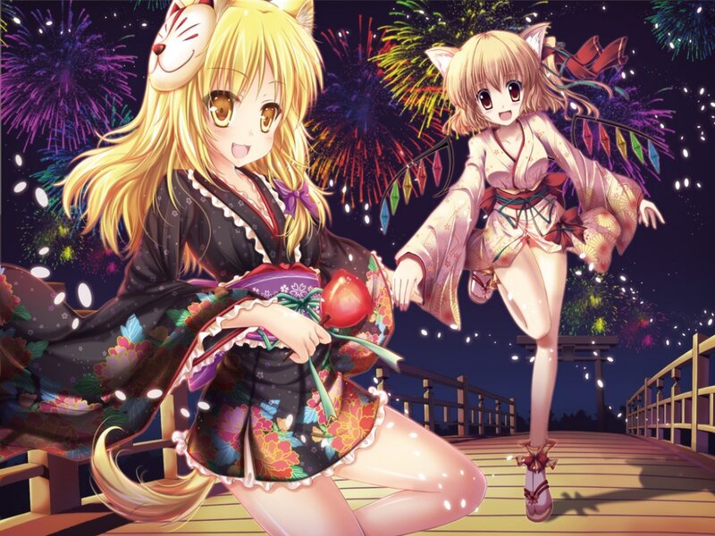 Two Anime Girls with Cat Ears — Black, Festive