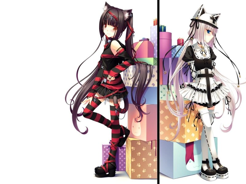 Two Anime Girls with Cat Ears — Black, Playful, Cat Ears, Gift Boxes