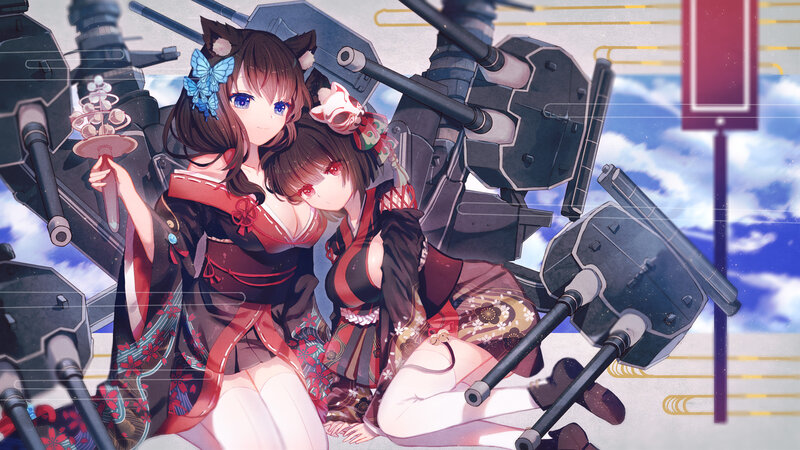 Two Anime Girls with Cat Ears — Blue, Peaceful