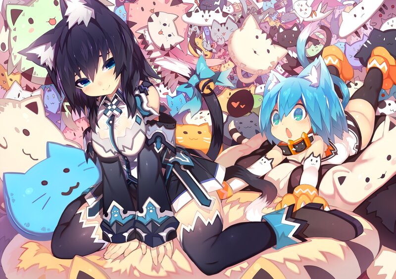 Two Anime Girls with Cat Ears — Blue, Playful