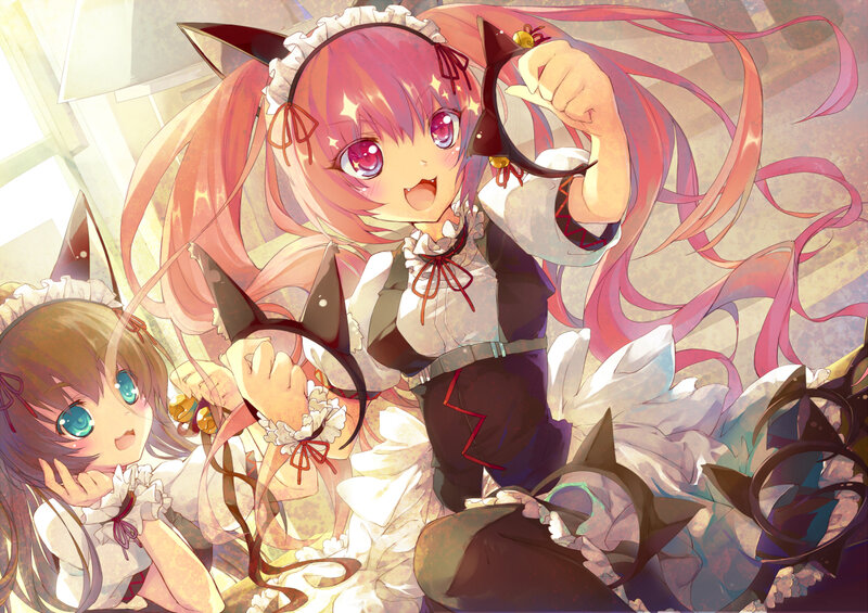 Two Anime Girls with Cat Ears — Pink, Playful