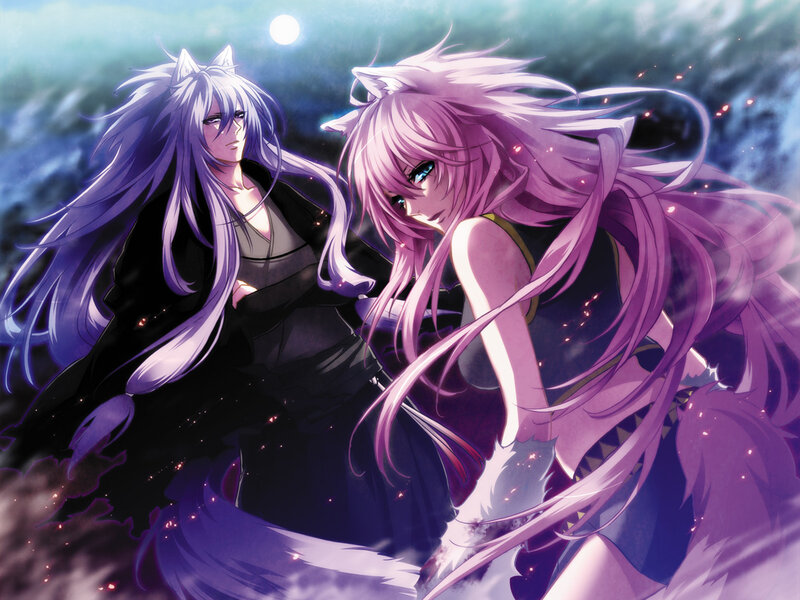 Two Anime Girls with Cat Ears — Purple, Dramatic, Night