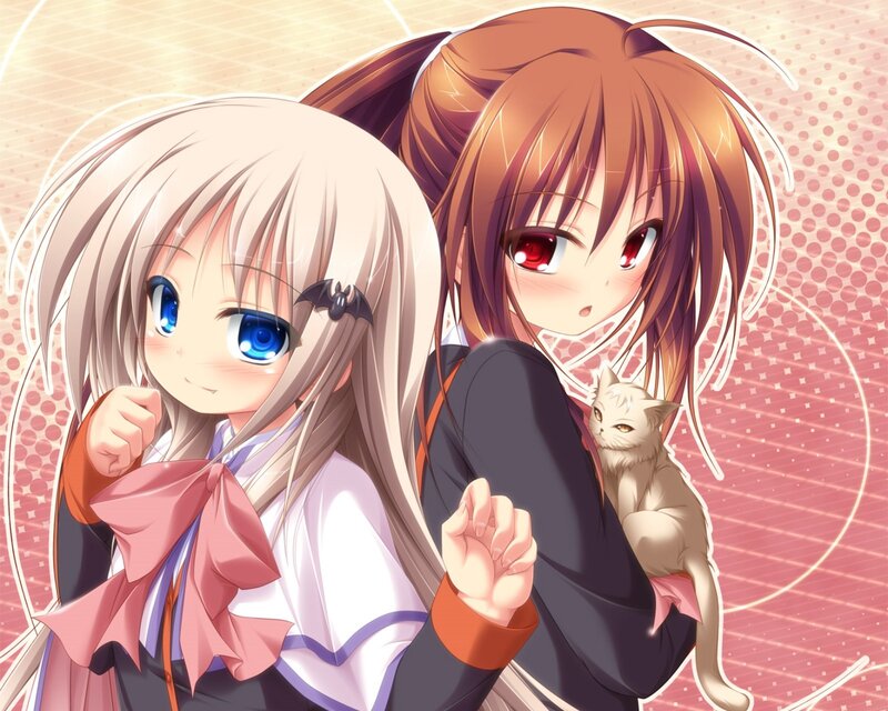 Two Anime Girls with Cat — Pink, Cheerful
