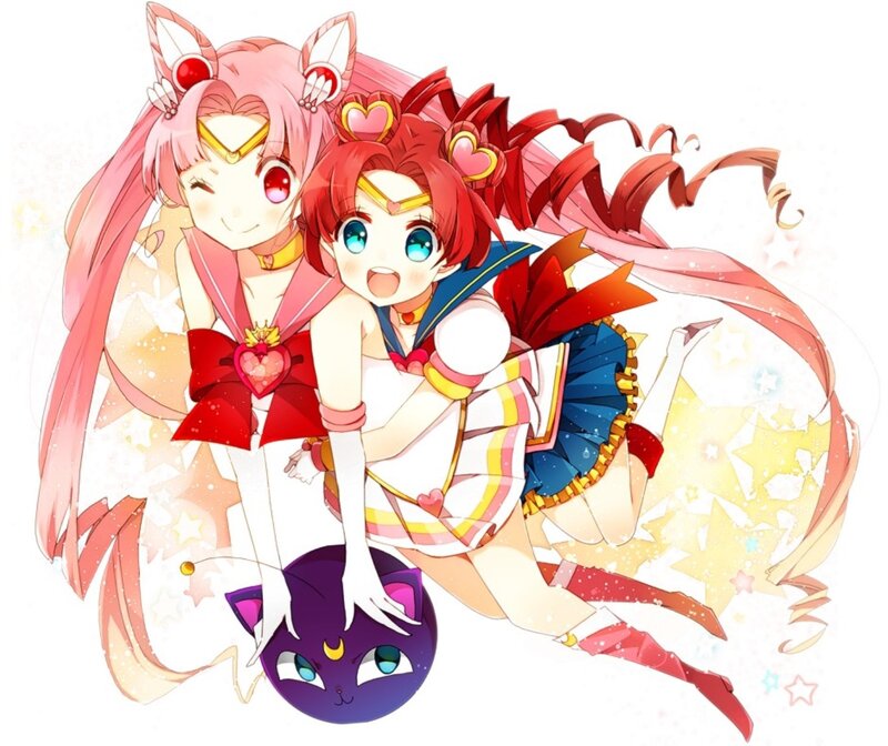 Two Anime Girls with Cat — Pink, Playful