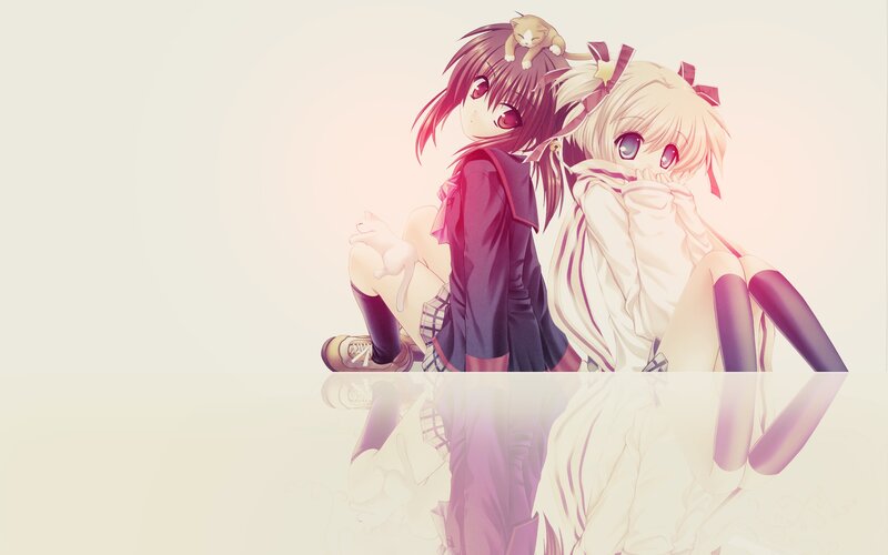 Two Anime Girls with Cat — White