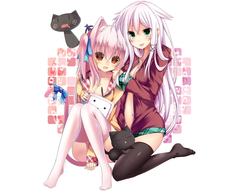 Two Anime Girls with Cats — Pink