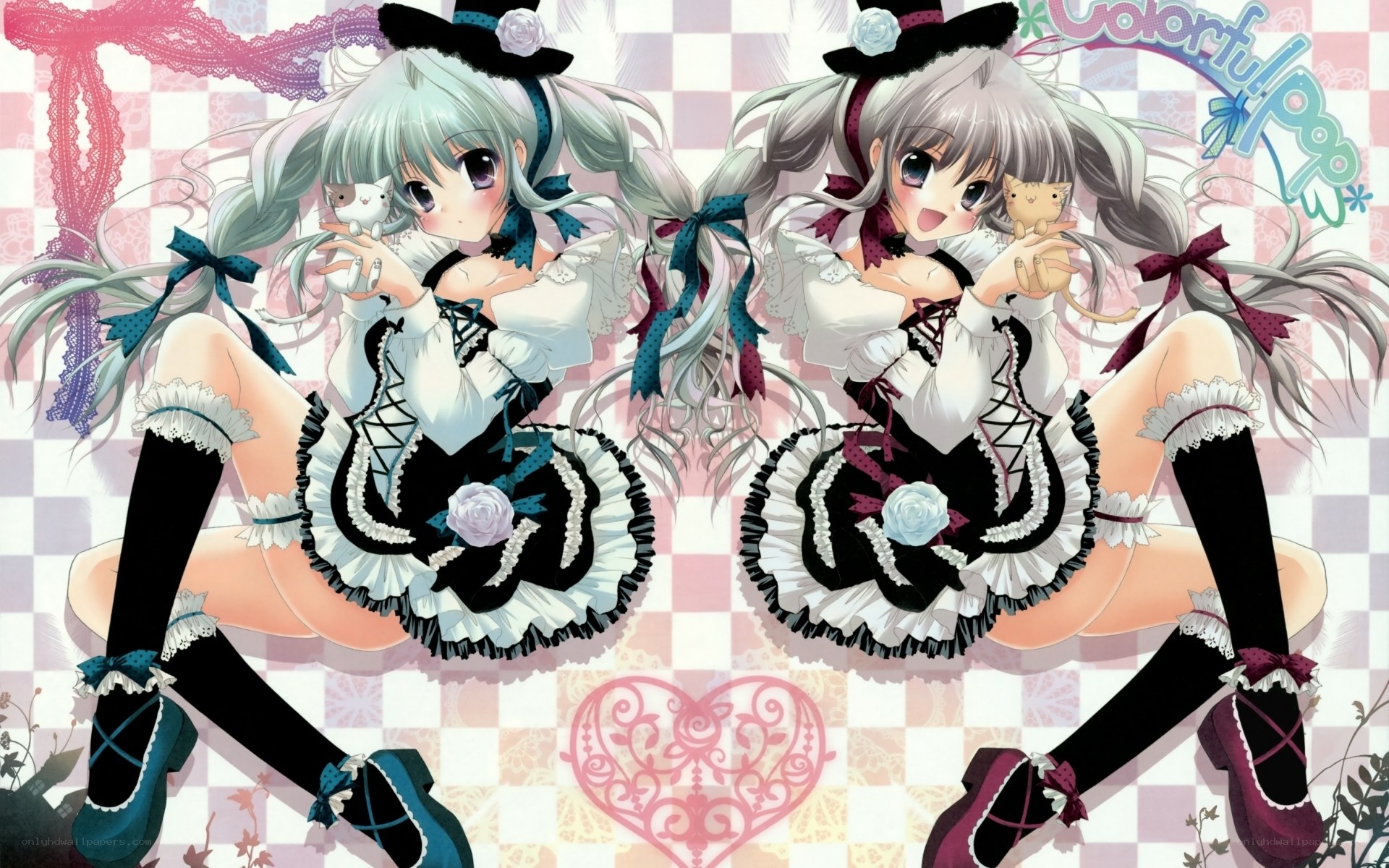 Two anime girls with cats