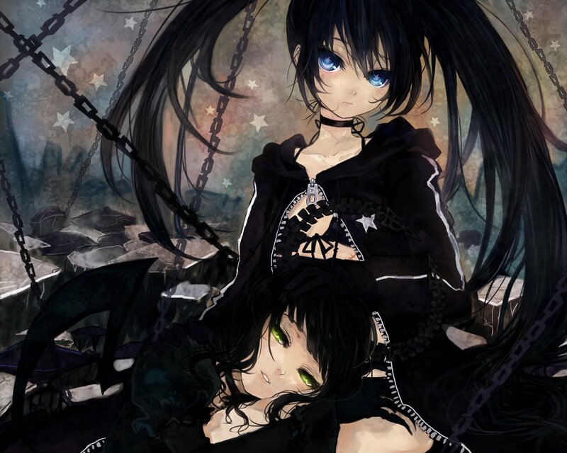 Two Anime Girls with Chains — Black, Dramatic, Night, Stars, Dark Background