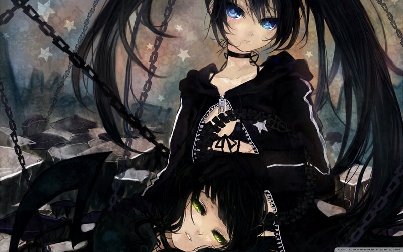 Two Anime Girls with Chains — Black, Dramatic, Night, Stars