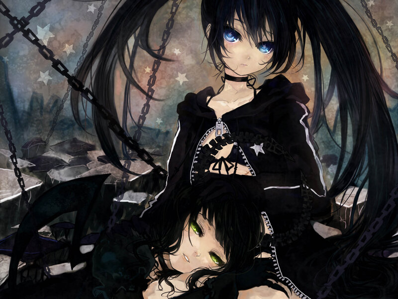 Two Anime Girls with Chains — Black, Dramatic, Night