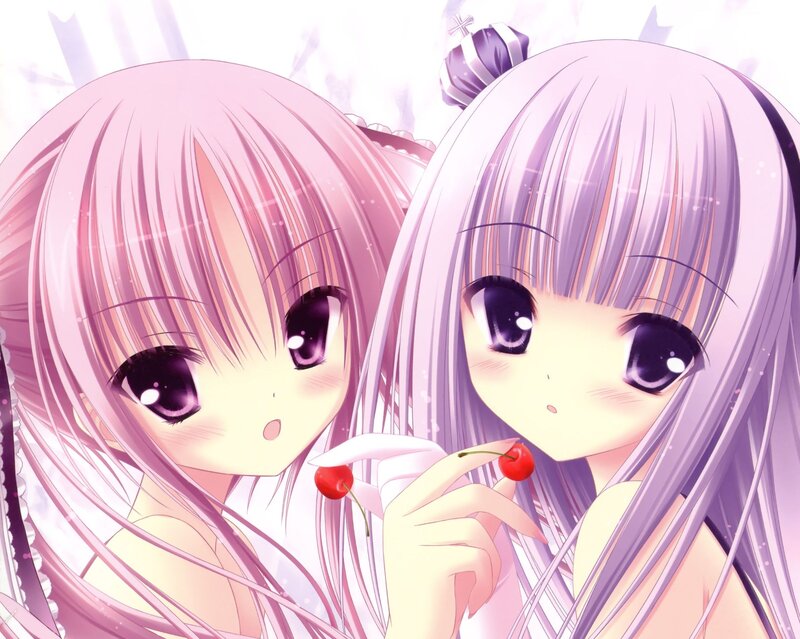 Two Anime Girls with Cherries — Pink, Dreamy