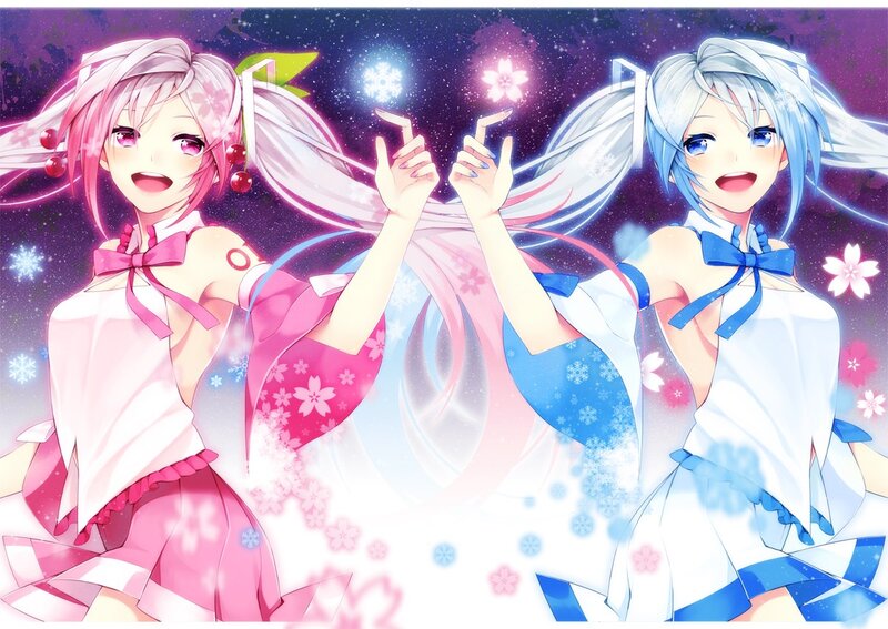 Two anime girls with cherry blossoms and snowflakes