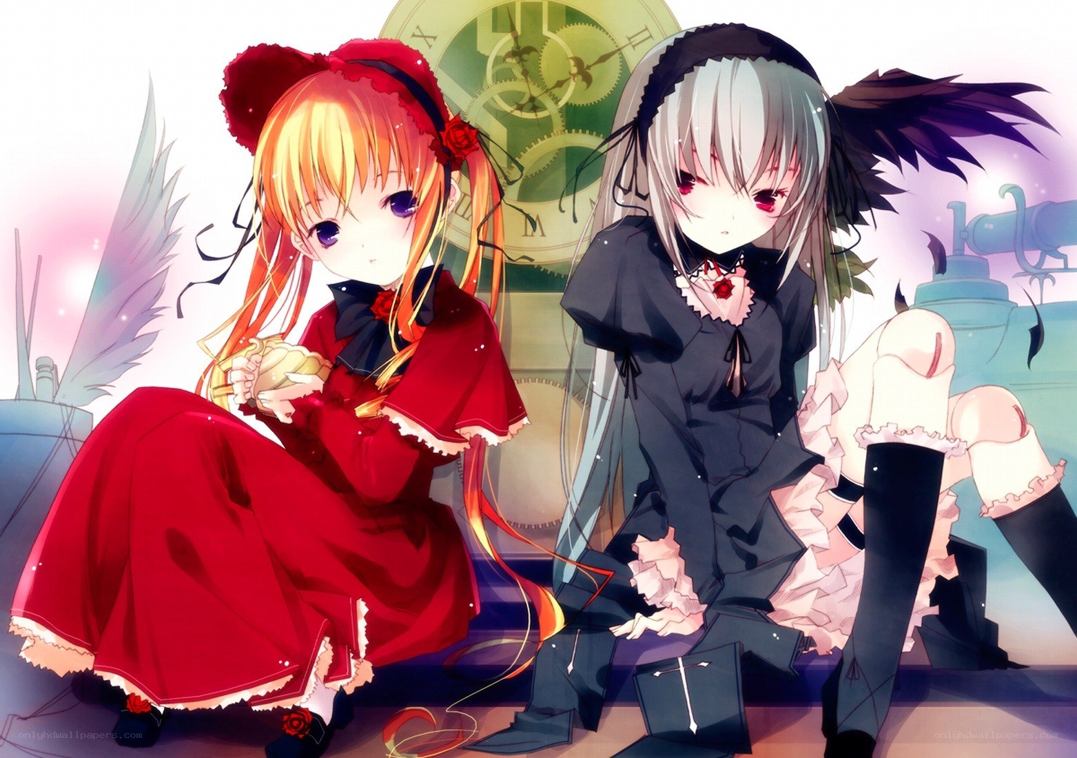 Two anime girls with clock background