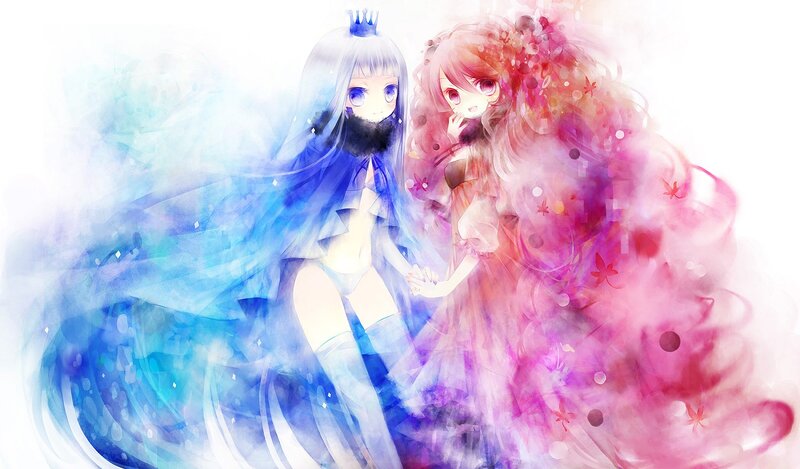 two anime girls with colorful auras