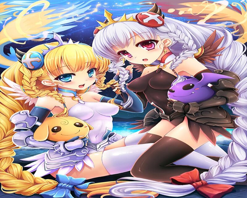 Two Anime Girls with Creatures — Blue