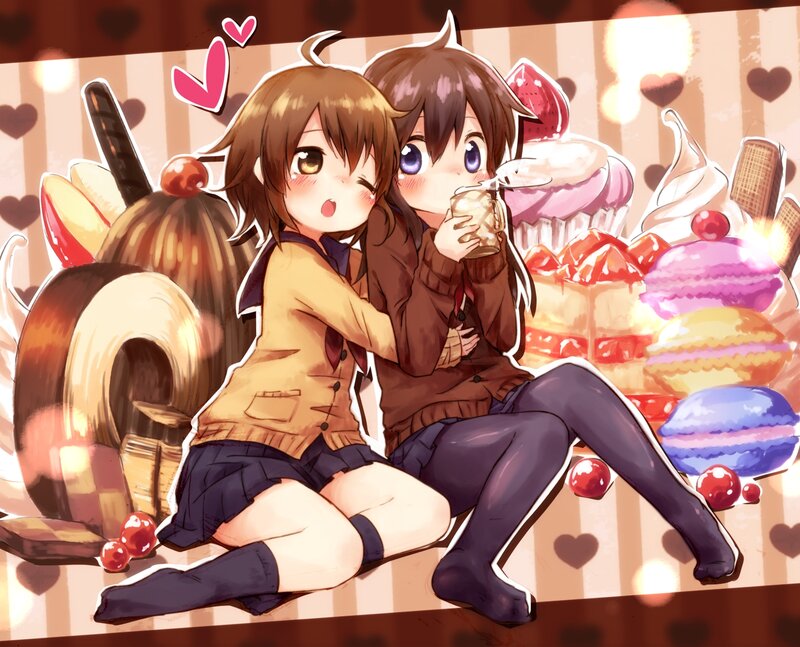 Two Anime Girls with Desserts — Brown