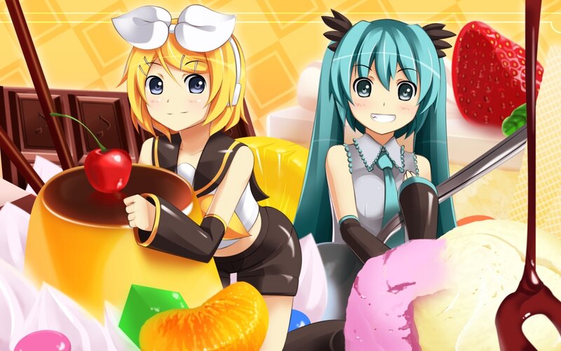 Two Anime Girls with Desserts — Yellow