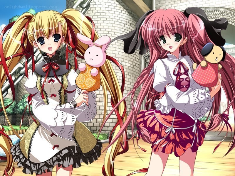 Two anime girls with dolls