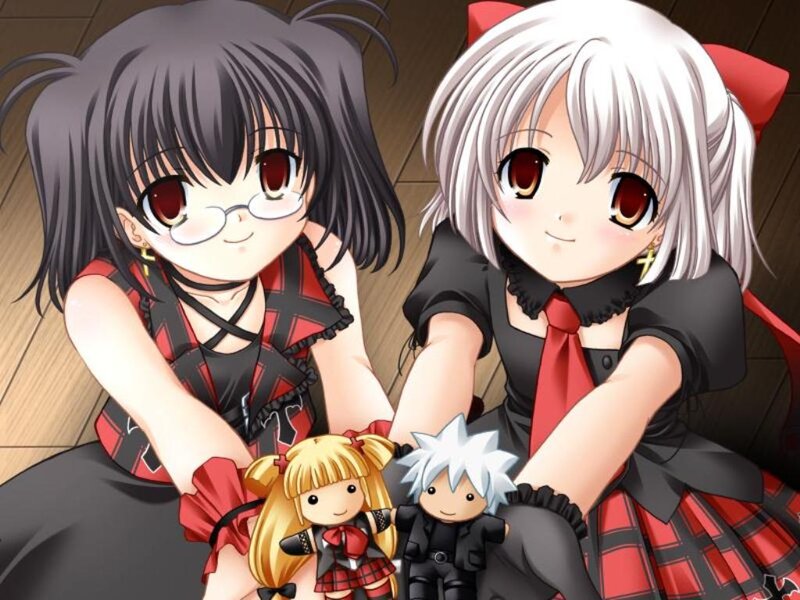 Two Anime Girls with Dolls — Black