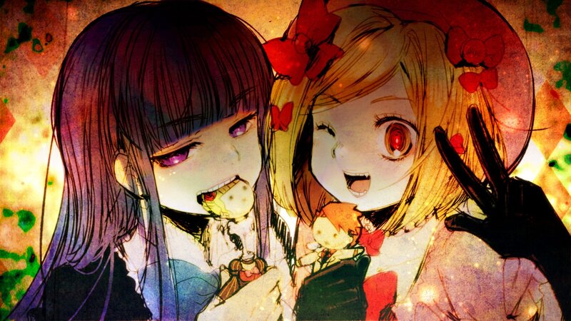 Two anime girls with dolls