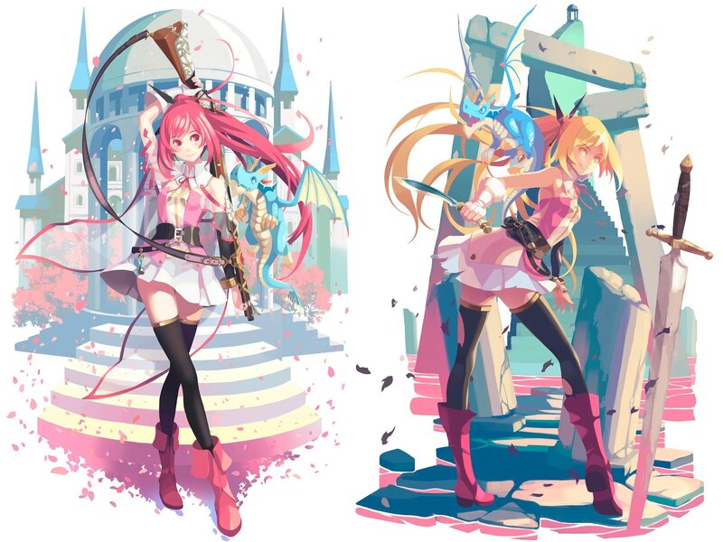 Two Anime Girls with Dragons — Pink