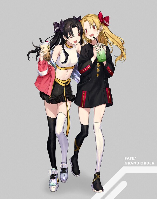 Two Anime Girls with Drinks — Black