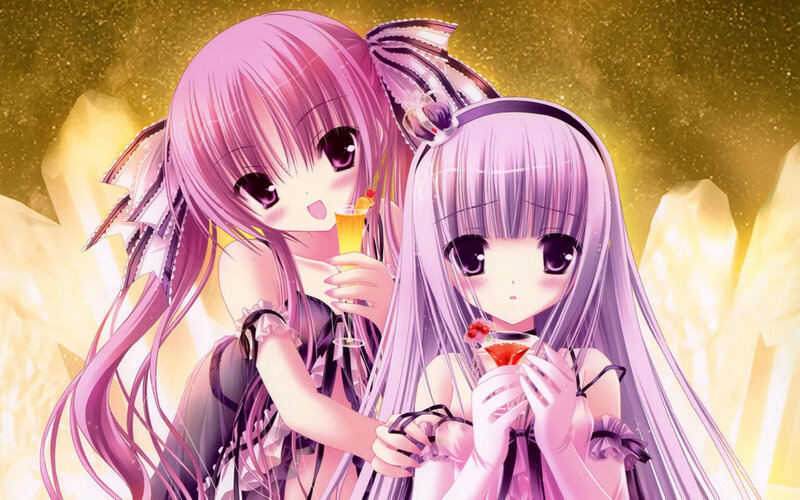 Two Anime Girls with Drinks — Pink, Festive