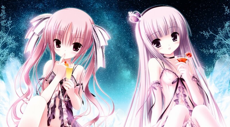 Two Anime Girls with Drinks — Pink