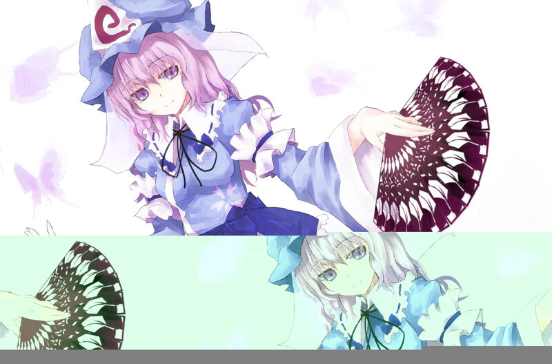 Two Anime Girls with Fans — Purple, Playful